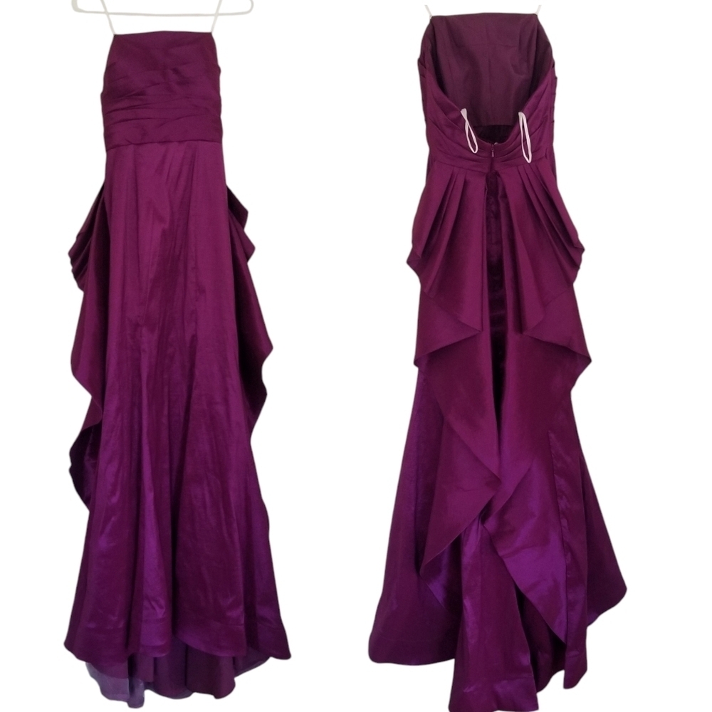 Mac Duggal Purple Strapless Formal Gown Cascading Waterfall Draped Back Size 6